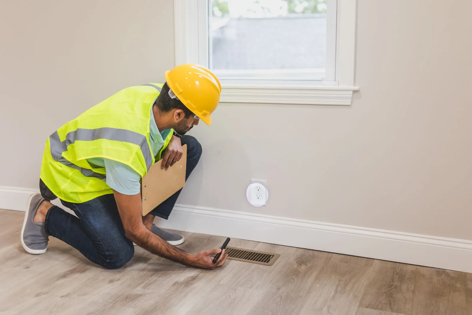 A construction worker in a hard hat inspects a floor vent indoors, ensuring quality and safety standards in the UK. Photo by RDNE Stock project on Pexels